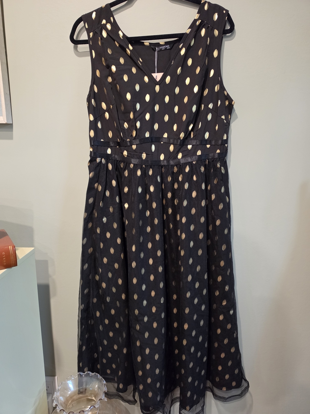 BloomChic Black Dress with Gold Polka Dots